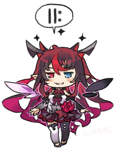 1girl, black_hair, black_legwear, blue_eyes, chibi, commentary, demon_horns, detached_sleeves