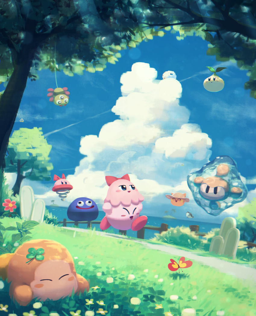 absurdres, blue_eyes, blue_sky, blush_stickers, bouncy_(kirby), bug, bush, butterfly