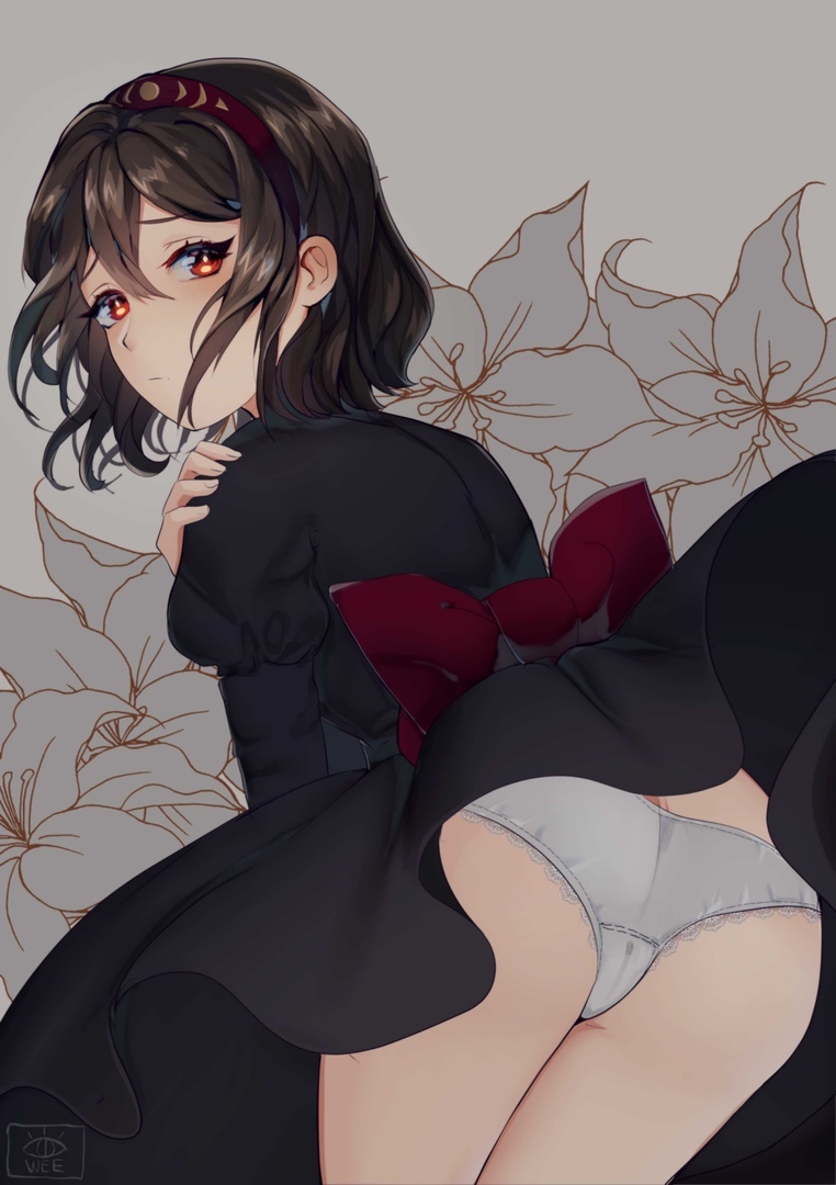 1girl, ass, awee, bangs, black_dress, black_hair, bow, commentary