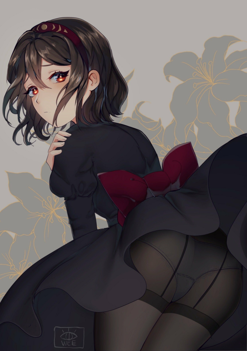 1girl, ass, awee, bangs, black_dress, black_hair, black_legwear, bow