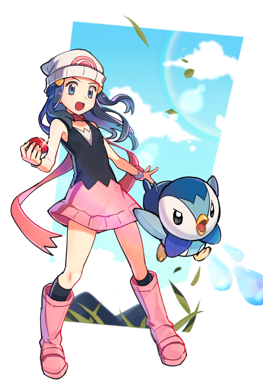 1girl, beanie, black_legwear, blue_eyes, blue_hair, boots, bracelet, chizu_(cheese), clouds, commentary_request, hikari_(pokemon), day, eyelashes, floating_hair, floating_scarf, gen_4_pokemon, hand_up, hat, highres, jewelry, kneehighs, knees, leaves_in_wind, legs_apart, lens_flare, outdoors, pink_footwear, pink_skirt, piplup, pokemon, pokemon_(creature), pokemon_(game), pokemon_dppt, red_scarf, scarf, shirt, skirt, sky, sleeveless, sleeveless_shirt, standing, starter_pokemon, white_headwear