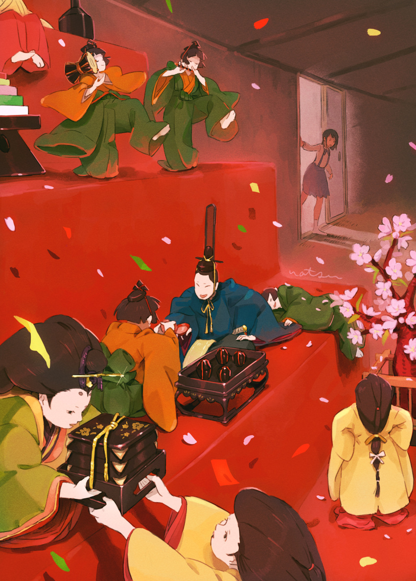 1girl, absurdres, black_hair, blue_kimono, blue_skirt, chin_strap, commentary_request, confetti