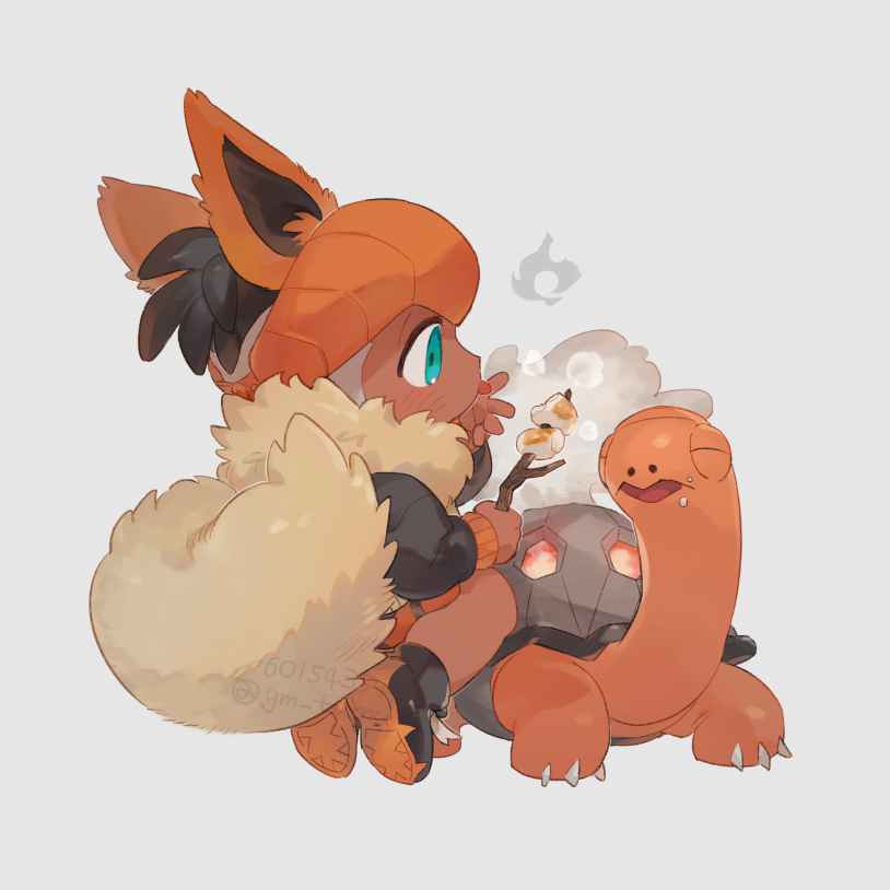 1boy, aqua_eyes, black_hair, blush, cosplay, flareon, flareon_(cosplay), food