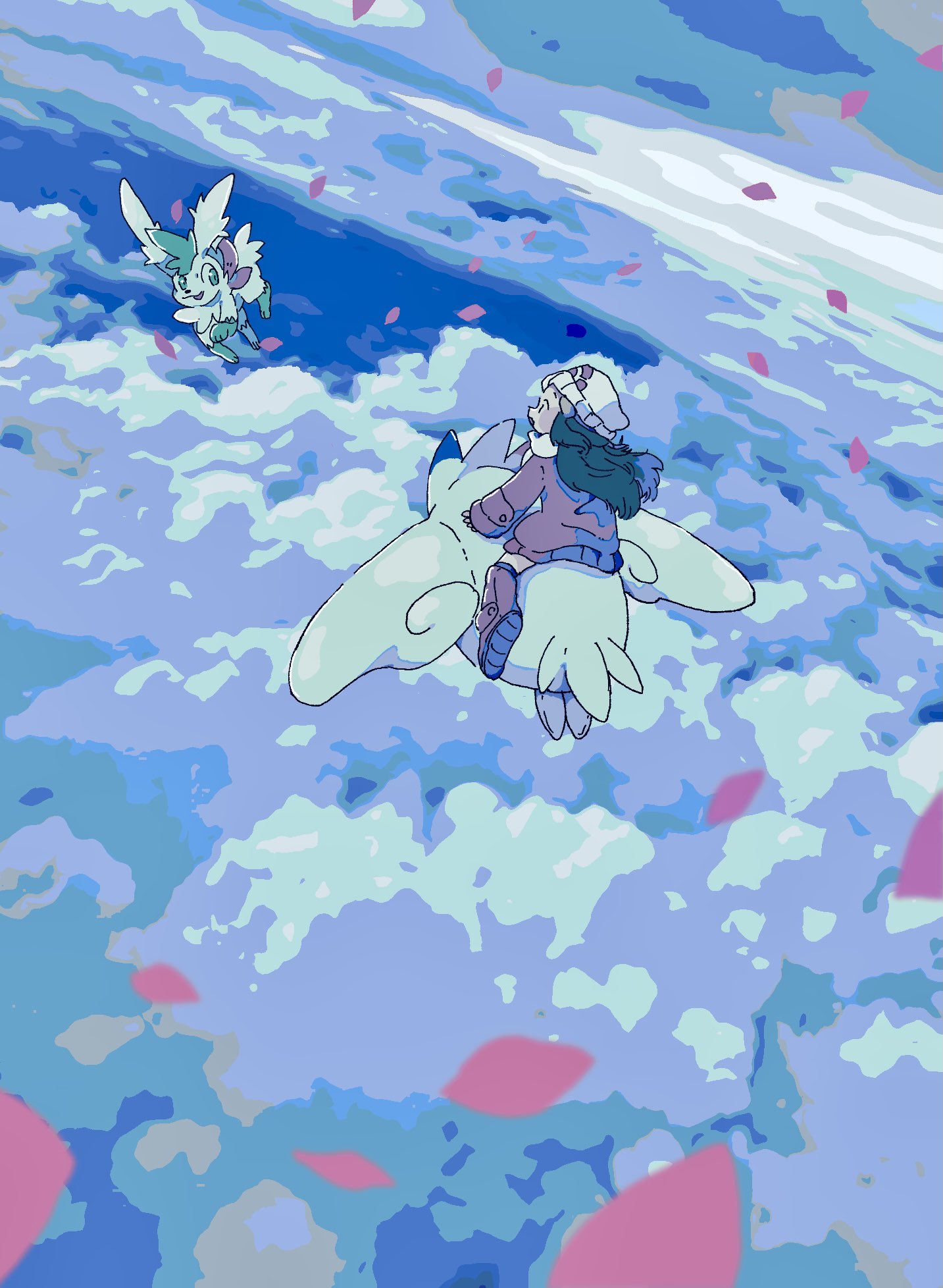 1girl, above_clouds, beanie, boots, clouds, coat, hikari_(pokemon), day