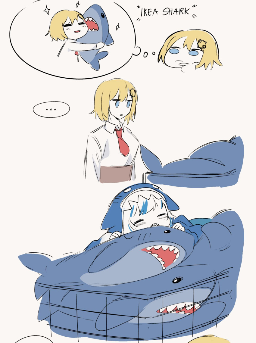 animal_costume, animal_hood, bangs, blonde_hair, blue_eyes, blue_hair, blunt_bangs, english_text