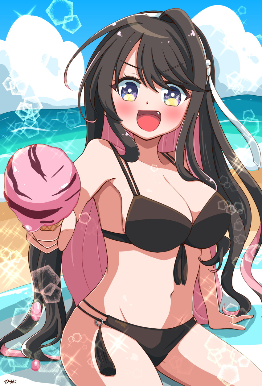 1girl, absurdres, beach, bikini, black_bikini, black_hair, blue_sky, breasts
