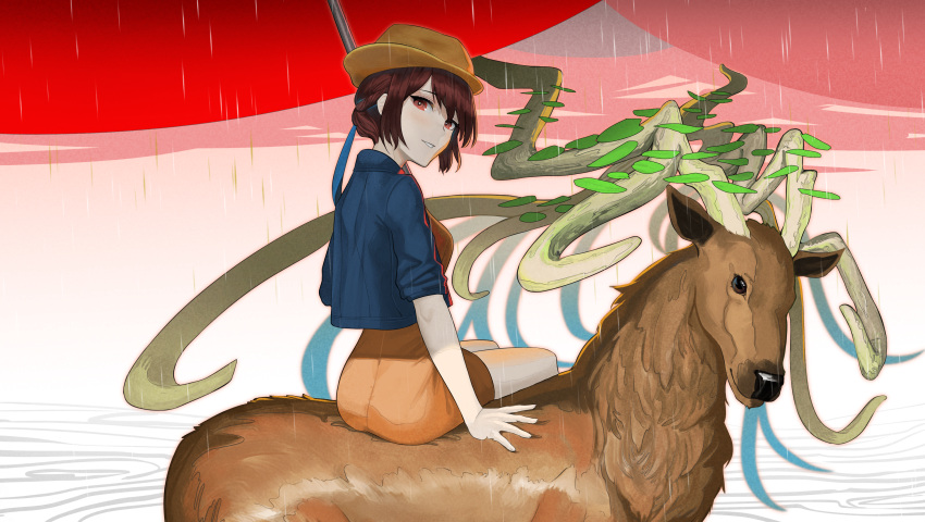 1girl, 4hnyu, absurdres, antlers, arm_support, blue_jacket, brown_hair, commentary