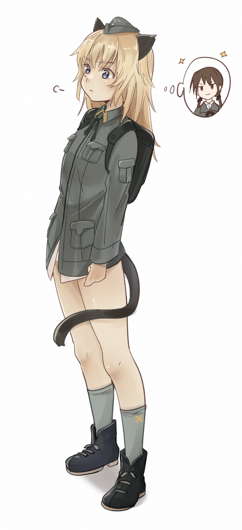 2girls, =3, absurdres, animal_ears, blonde_hair, blue_eyes, boots, breast_pocket, brown_eyes, brown_hair, cat_ears, cat_tail, from_side, frown, garrison_cap, gertrud_barkhorn, grey-framed_eyewear, hat, helma_lennartz, highres, medium_hair, military, military_uniform, multiple_girls, okeke_power_nishiko, pocket, tail, thought_bubble, uniform, white_background, world_witches_series