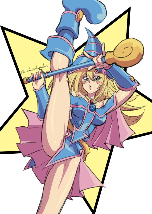 1girl, bangs, bare_shoulders, blonde_hair, blue_footwear, blue_headwear, blue_leotard, blush_stickers, boots, bracer, breasts, commentary_request, dark_magician_girl, duel_monster, green_eyes, hair_between_eyes, hat, holding, holding_wand, kneepits, leg_up, leotard, long_hair, open_mouth, pinkerton_taisa, solo, split, standing, standing_on_one_leg, standing_split, tongue, twitter_username, wand, yu-gi-oh!
