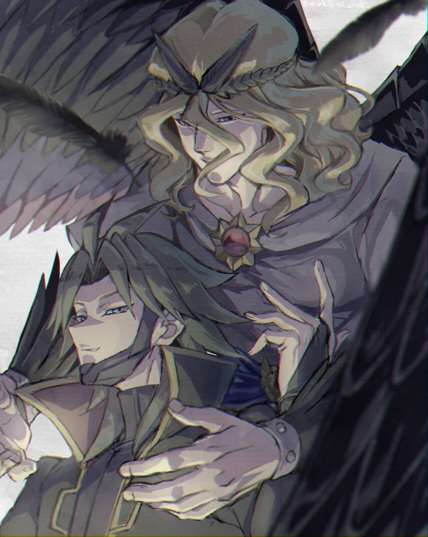 2boys, bangs, blonde_hair, character_request, commentary_request, cowlick, feathers, fujiwara_yuusuke