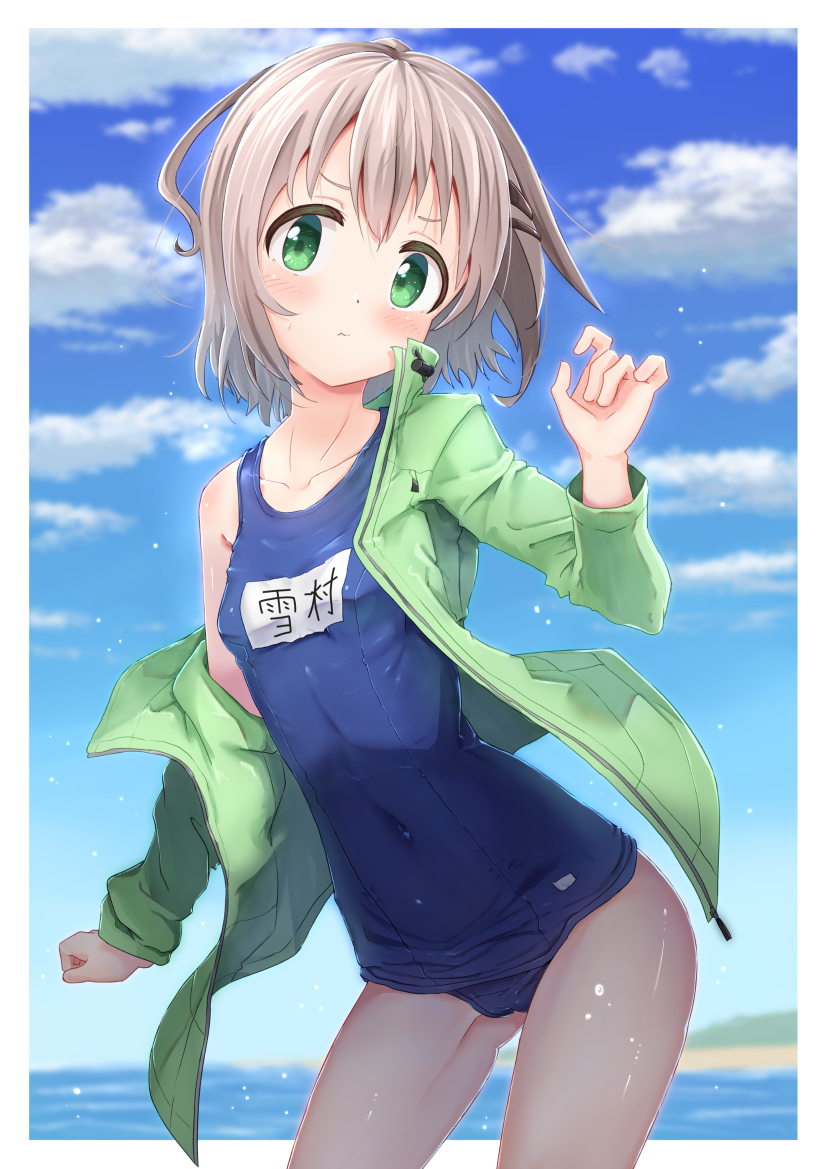 1girl, beach, blue_sky, blue_swimsuit, clouds, commentary_request, contrapposto, cowboy_shot