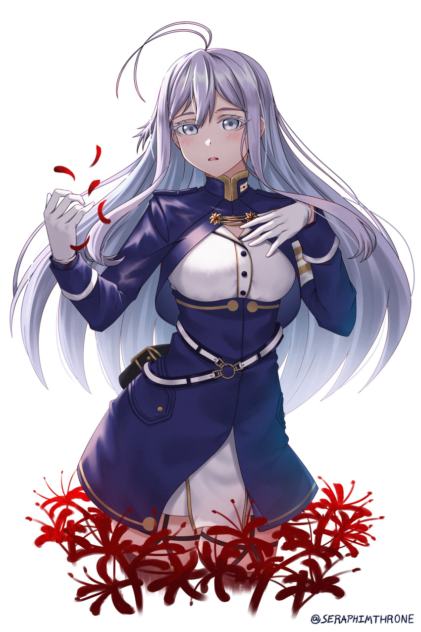 1girl, 86_-eightysix-, absurdres, ahoge, bangs, belt, belt_pouch, blush, cowboy_shot, flower, garter_straps, gloves, grey_eyes, hair_between_eyes, hand_on_own_chest, hand_up, highres, long_hair, military, military_uniform, parted_lips, petals, pouch, red_flower, seraphim_throne, signature, silver_hair, simple_background, solo, thigh-highs, uniform, vladilena_millize, white_background, white_gloves