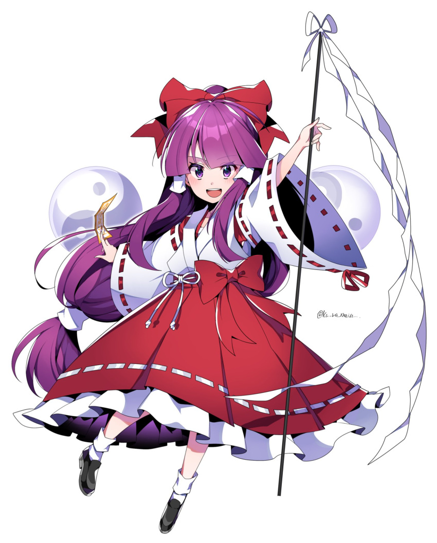 1girl, :d, bangs, bow, full_body, gohei, hair_bow, hair_tubes