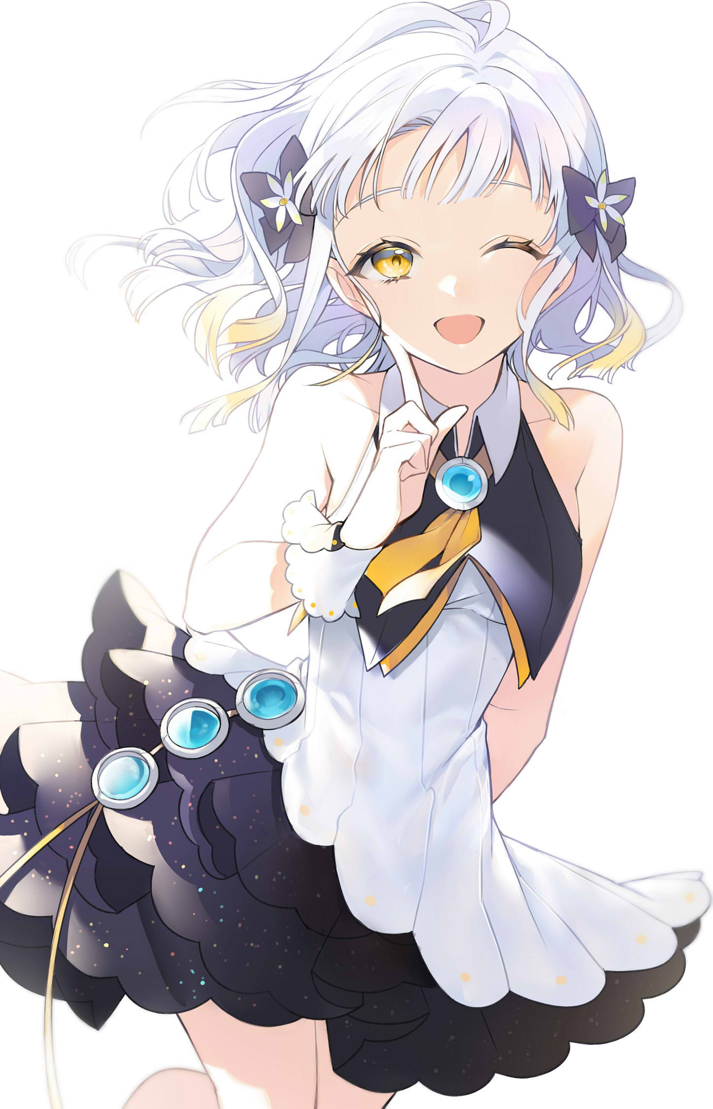 1girl, 447_records, :d, antenna_hair, arm_behind_back, bare_shoulders, black_bow, black_skirt
