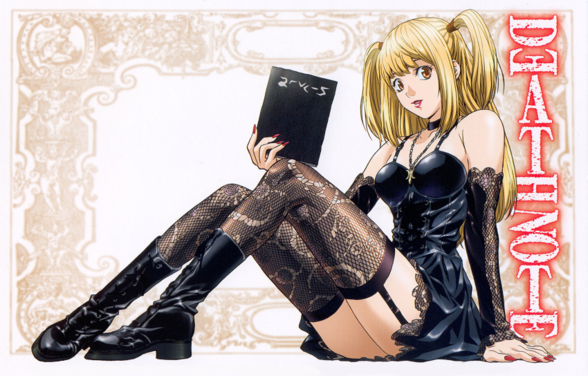 blonde_hair, boots, choker, death_note, death_note_(object), detached_sleeves, elbow_gloves, fingernails