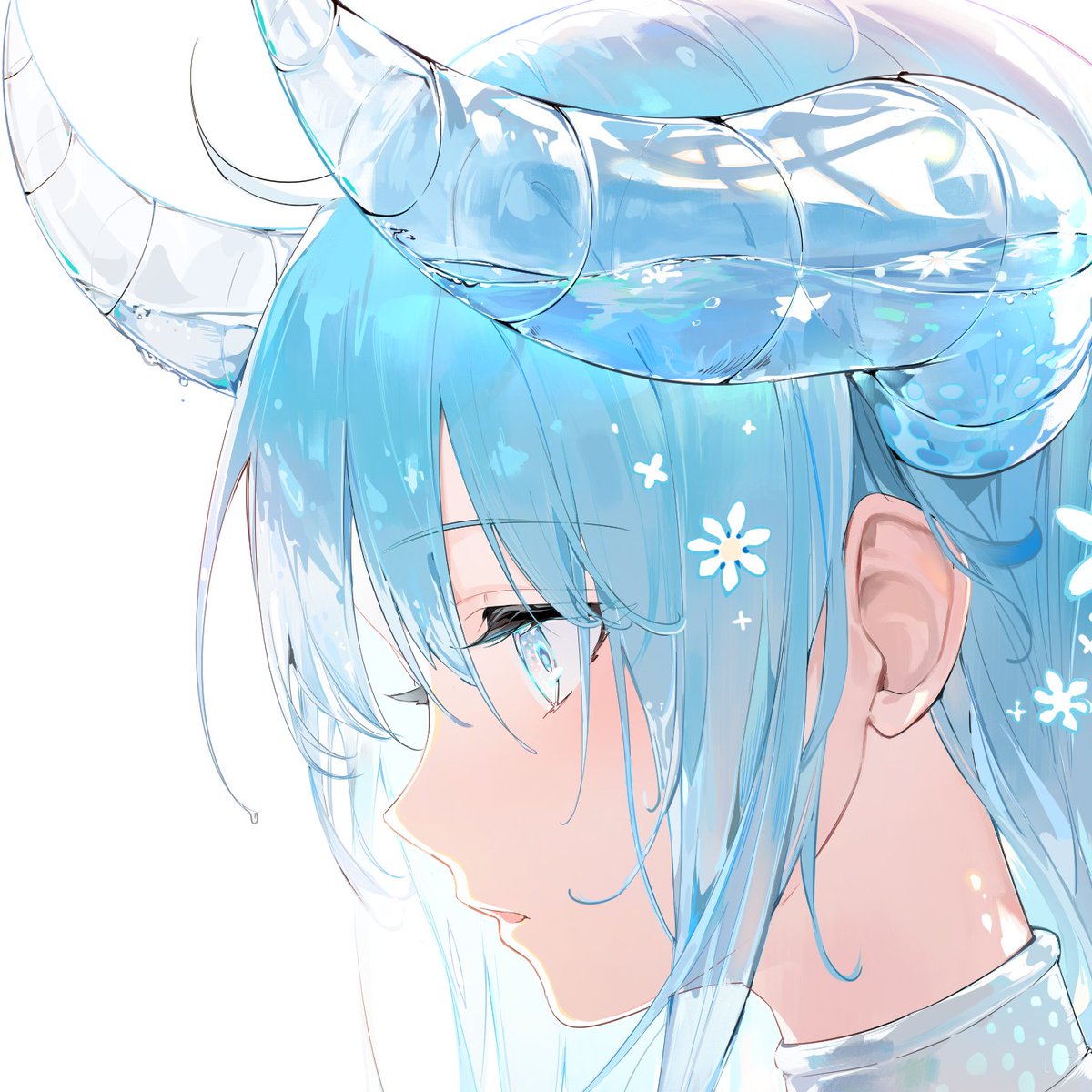 1girl, ahoge, bangs, blue_eyes, blue_hair, curled_horns, eyebrows_visible_through_hair, flower