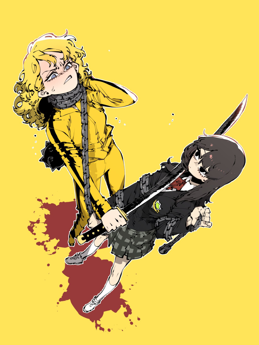 2girls, beatrix_kiddo, black_eyes, black_jacket, blonde_hair, blood, blood_splatter, blue_eyes