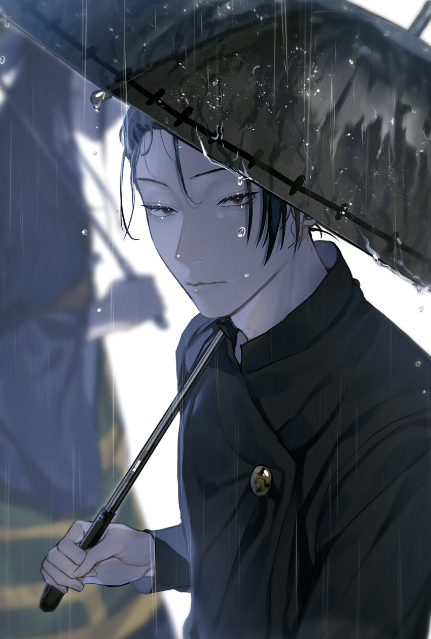 2boys, black_eyes, black_hair, black_jacket, black_kimono, black_umbrella, blurry, blurry_background