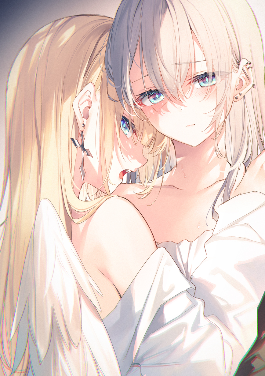 2girls, angel_wings, bare_shoulders, blonde_hair, blue_eyes, closed_mouth, collarbone, copyright_request