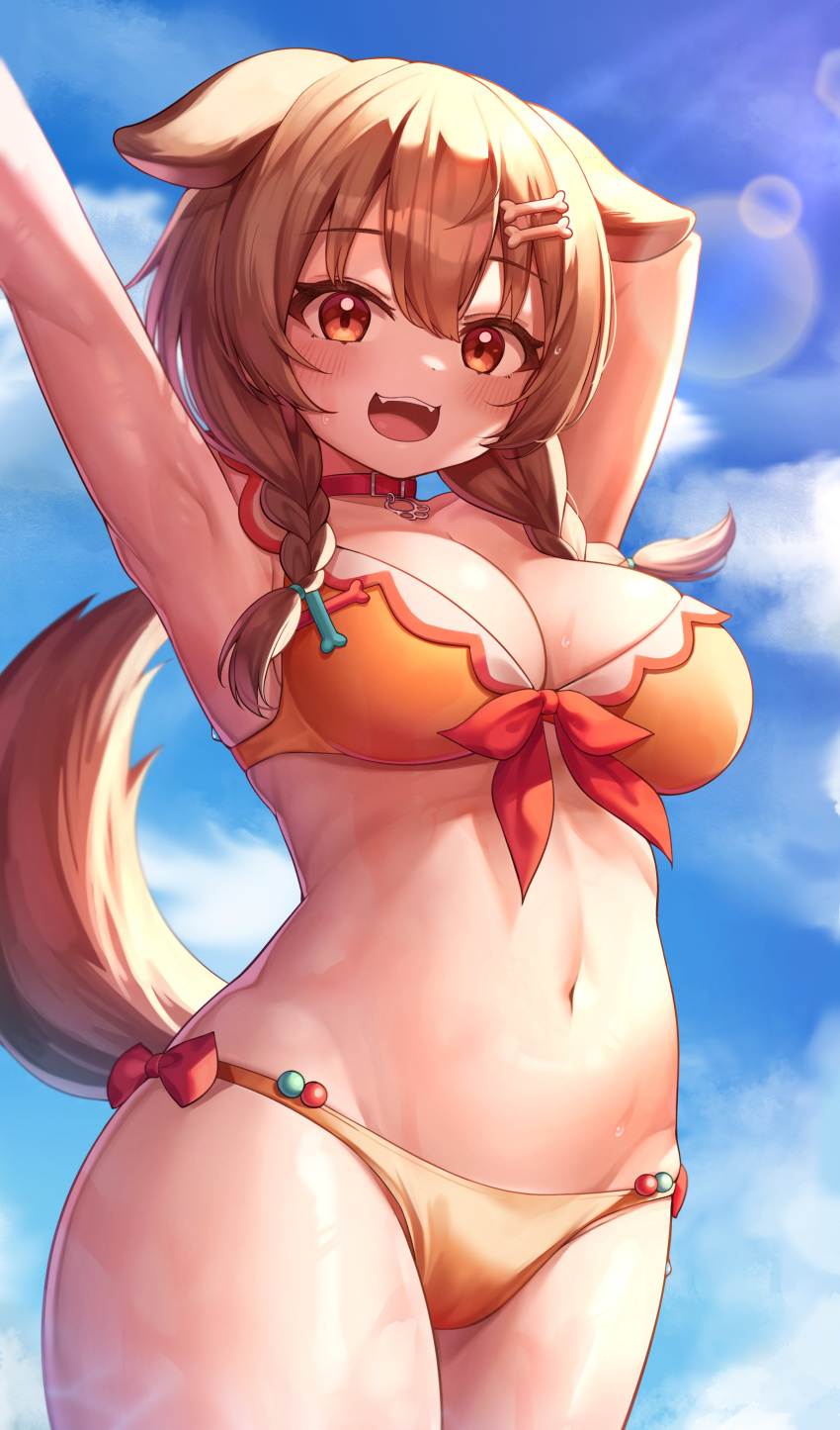 1girl, :d, absurdres, animal_ears, arm_up, bikini, bone_hair_ornament, braid