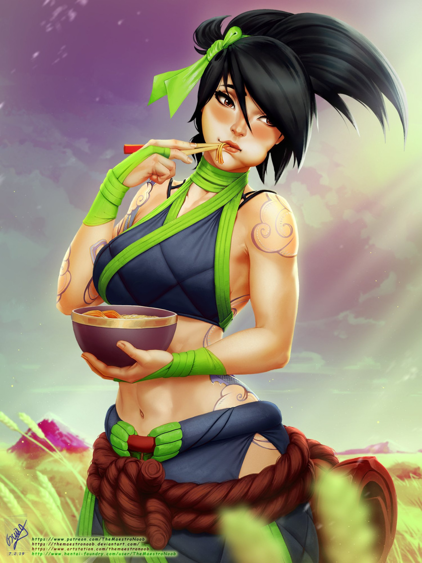 1girl, akali, arm_tattoo, bangs, black_hair, blush, bowl, breasts