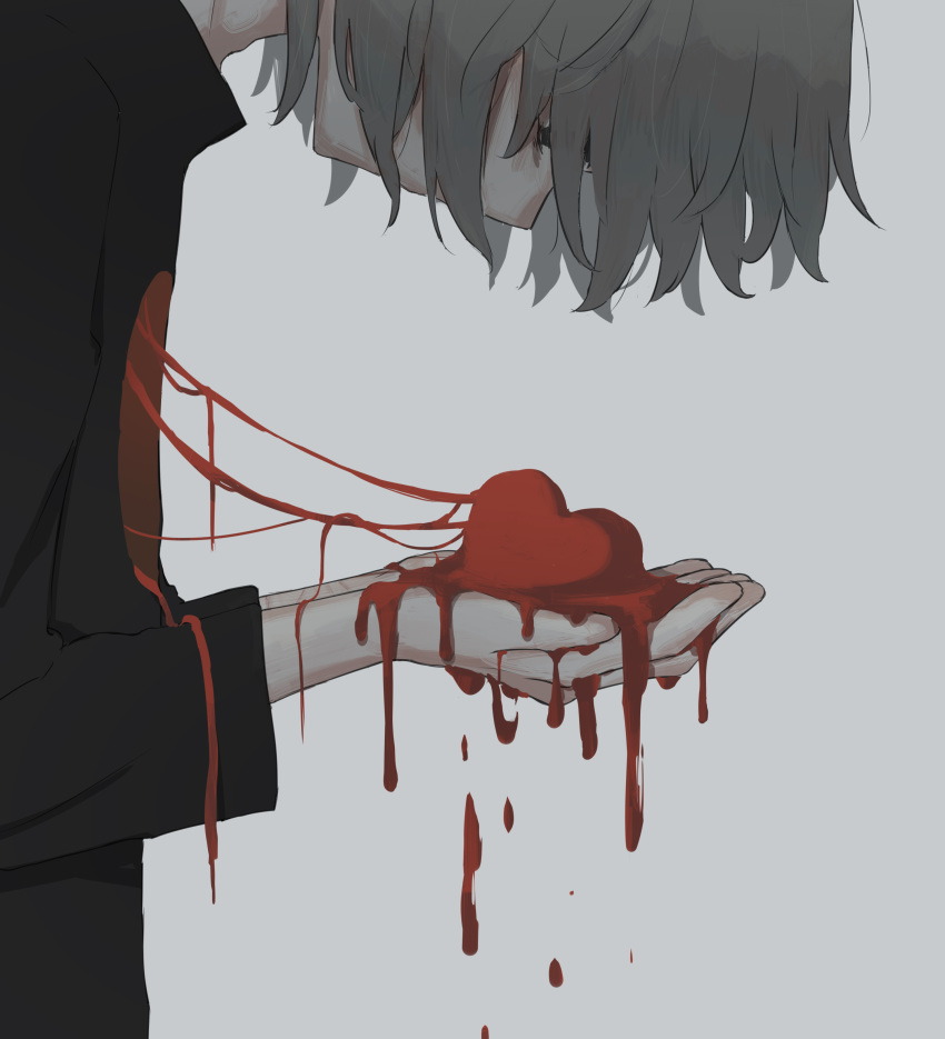 1boy, absurdres, avogado6, bags_under_eyes, black_shirt, blood, blood_string, commentary_request, cupping_hands, cut_marks, from_side, grey_background, heart, heart_out_of_chest, highres, looking_down, male_focus, original, shirt, simple_background, solo