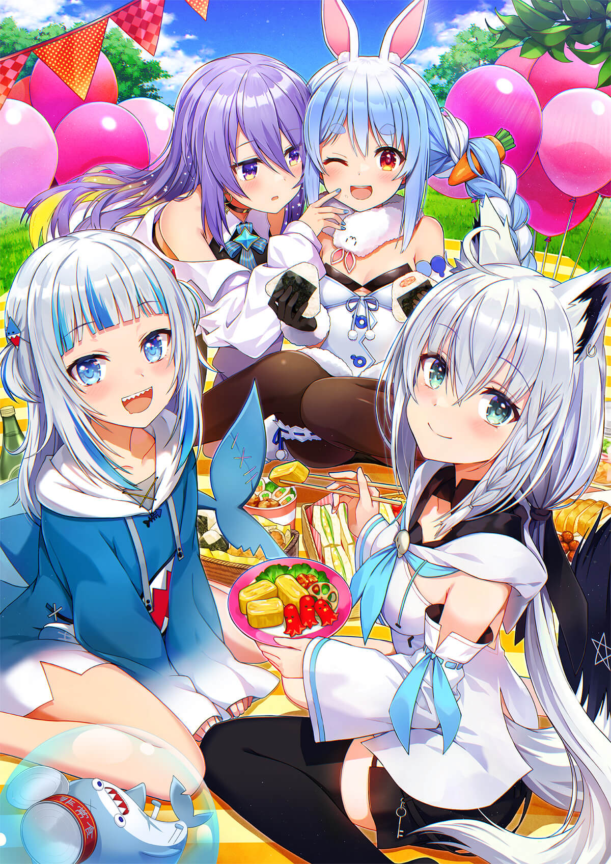 4girls, :d, ahoge, amagai_tarou, animal_ear_fluff, animal_ears, aqua_eyes, balloon