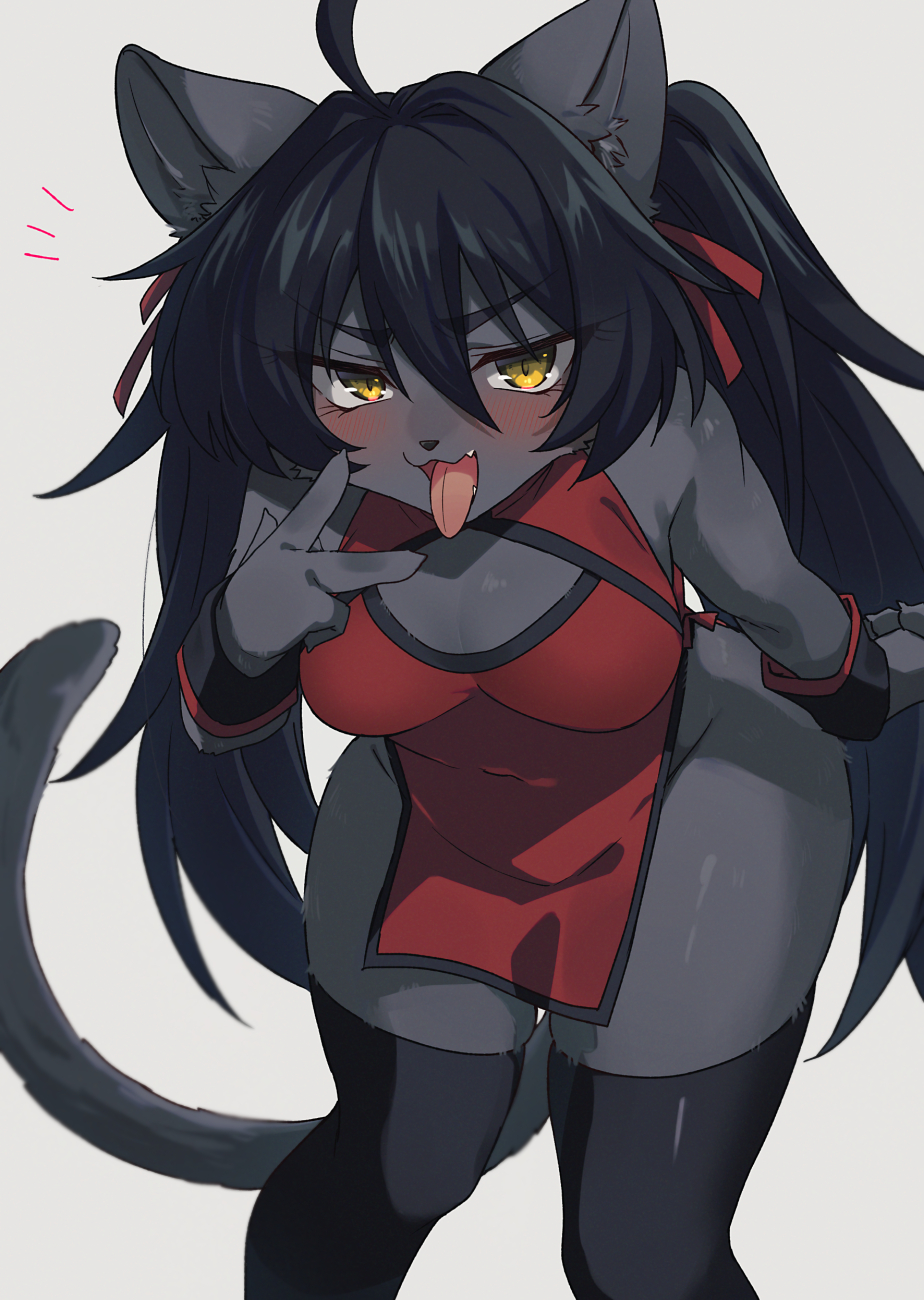 1girl, ahoge, animal_ears, animal_nose, bare_hips, bare_shoulders, black_hair, black_legwear