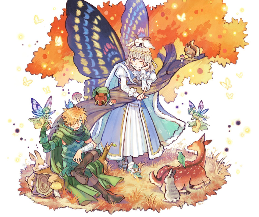 2boys, autumn_leaves, bird, boots, bug, butterfly, butterfly_wings, cape, caterpillar, cloak, deer, fairy, fate/grand_order, fate_(series), fur-trimmed_cape, fur_trim, gomashou_(ssm_fgo), highres, insect, log, multiple_boys, mushroom, oberon_(fate), one_eye_closed, rabbit, robin_hood_(fate), smile, wings
