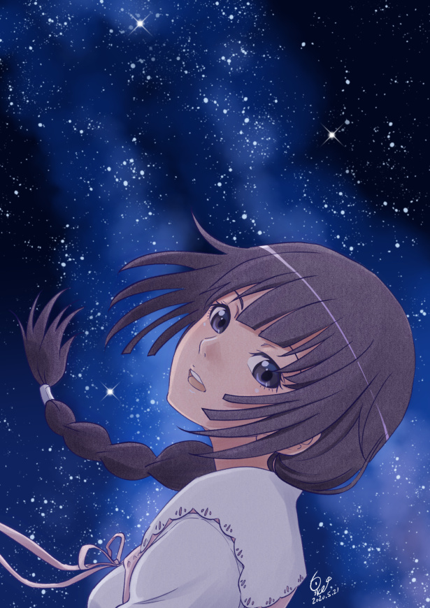 1girl, bakemonogatari, braid, commentary_request, head_tilt, huumoon, long_hair, looking_at_viewer