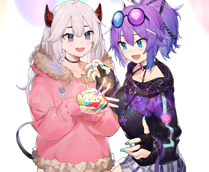 2girls, :d, absurdres, ahoge, bandaid, bandaid_on_nose, birthday, black_choker