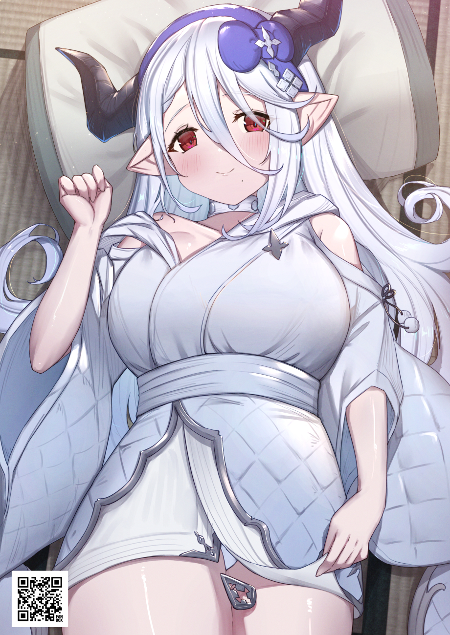 1girl, bangs, blue_hairband, blush, breasts, closed_mouth, commentary_request, curled_horns