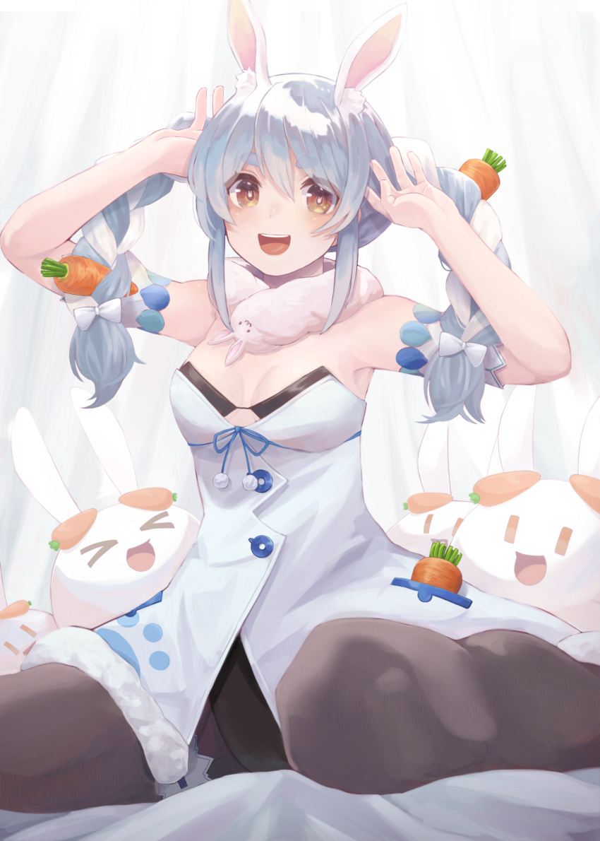 1girl, :d, animal_ear_fluff, animal_ears, arms_up, bangs, bare_shoulders, black_legwear