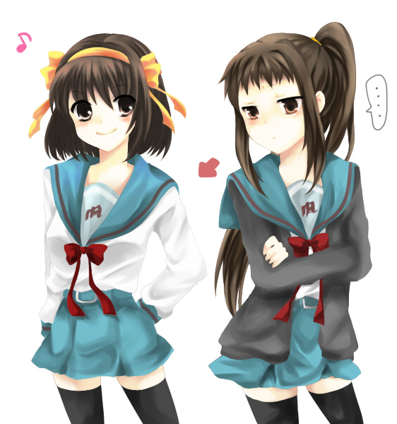 brown_eyes, brown_hair, cardigan, crossed_arms, directional_arrow, genderswap, hair_ribbon, hairband