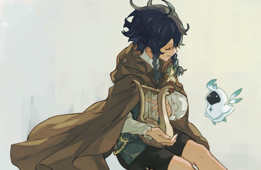 abuku, androgynous, bangs, barbatos_(genshin_impact), black_hair, black_shorts, braid, brown_cloak