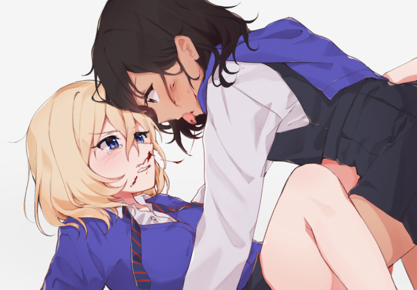 2girls, andou_(girls_und_panzer), bangs, bc_freedom_school_uniform, black_dress, black_hair, blonde_hair, blood