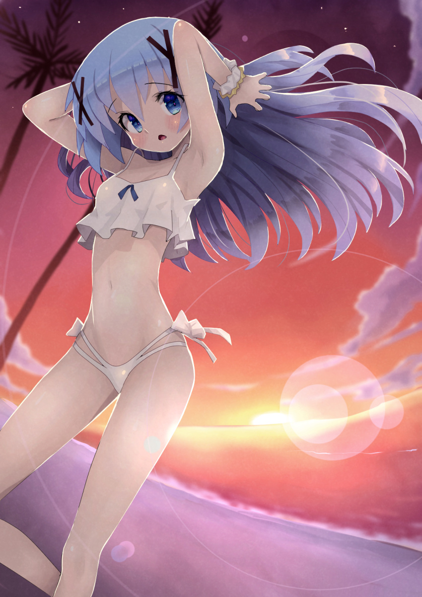 1girl, arms_behind_head, bikini, blue_eyes, blue_hair, feet_out_of_frame, gochuumon_wa_usagi_desu_ka?, hair_ornament