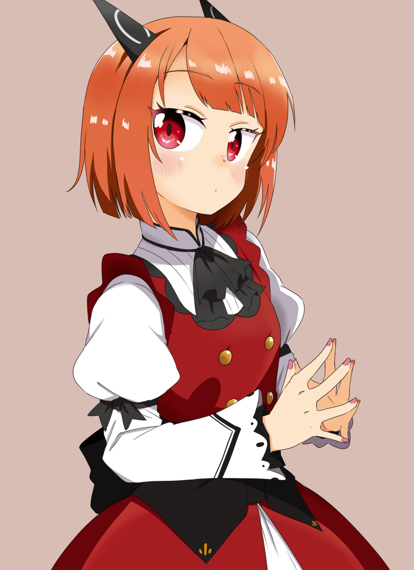 1girl, absurdres, ascot, bangs, black_horns, blunt_bangs, blunt_ends, blush, buttons, close-up, closed_mouth, collared_dress, commentary, double-breasted, dragon_girl, dragon_horns, dress, expressionless, eyebrows_visible_through_hair, face, fingers_together, highres, horns, juliet_sleeves, kanzakigorou, laika_(slime_taoshite_300_nen), long_sleeves, looking_at_viewer, medium_hair, nail_polish, orange_hair, pink_background, pink_nails, puffy_sleeves, red_dress, red_eyes, shiny, shiny_hair, shiny_skin, sideways_glance, simple_background, slime_taoshite_300_nen_shiranai_uchi_ni_level_max_ni_nattemashita, solo, steepled_fingers, upper_body, white_sleeves
