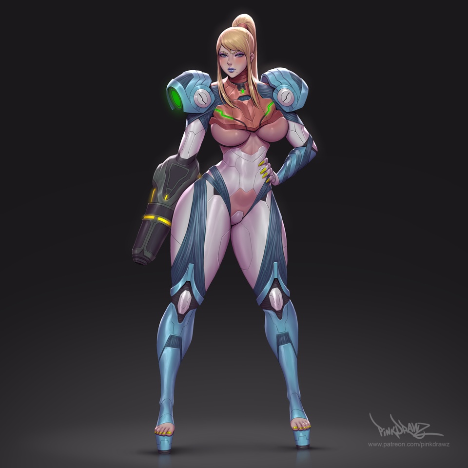 armor, blonde_hair, blue_lips, body_armor, breasts, dread, feet, hand_on_hip, high_heels, large_breasts, lipstick, makeup, metroid, nail, nail_polish, pinkdrawz, plugsuit, ponytail, samus_aran, skin_tight, thick_thighs, thighs, toes, weapon