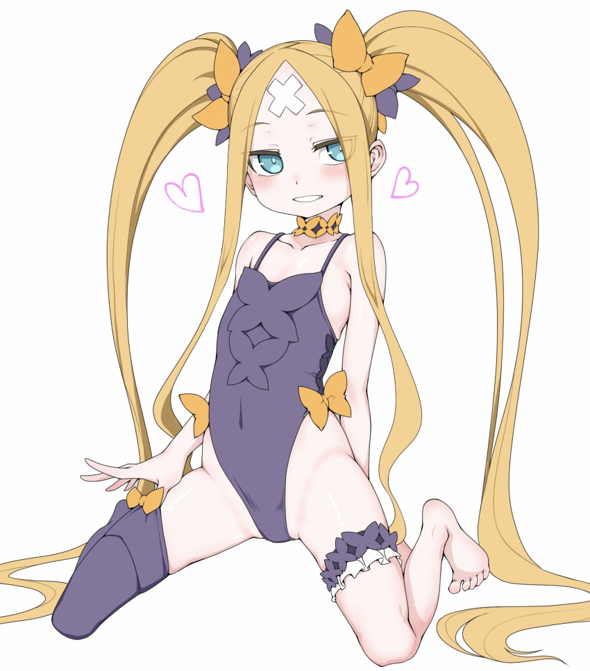 1girl, abigail_williams_(fate), bandaid, bandaid_on_forehead, bangs, bare_shoulders, barefoot, blonde_hair, blue_eyes, blush, bow, commentary_request, crossed_bandaids, fate/grand_order, fate_(series), flat_chest, full_body, hair_bow, heart, highres, leg_garter, leotard, long_hair, looking_at_viewer, multiple_bows, multiple_hair_bows, neck_garter, orange_bow, parted_bangs, purple_bow, purple_leotard, senbei_(avocadochaya), sidelocks, single_thighhigh, sitting, smile, solo, thigh-highs, twintails, uneven_legwear, very_long_hair, wariza