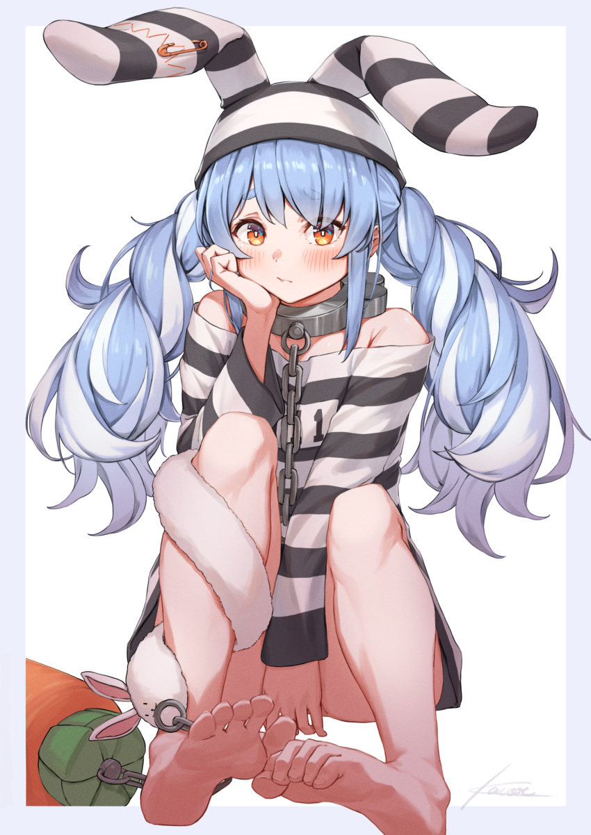 1girl, absurdres, animal_ears, bangs, barefoot, blue_border, blush, border