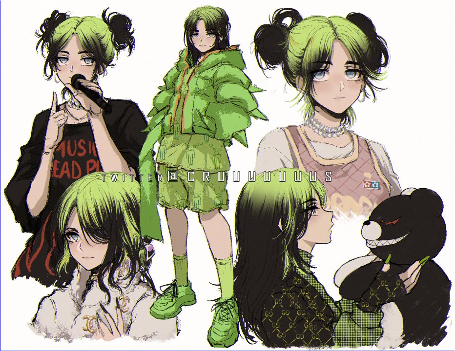 1girl, artist_name, bangs, billie_eilish, black_hair, choker, clothes_writing, commentary