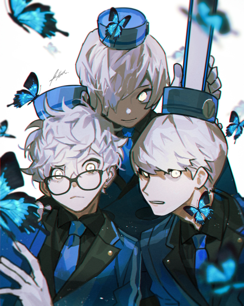 3boys, absurdres, alternate_costume, alternate_hair_color, amamiya_ren, black_shirt, blue_butterfly, blue_headwear