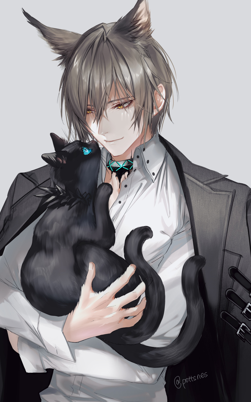 1boy, absurdres, animal_ear_fluff, animal_ears, arknights, black_cat, black_jacket, blue_eyes