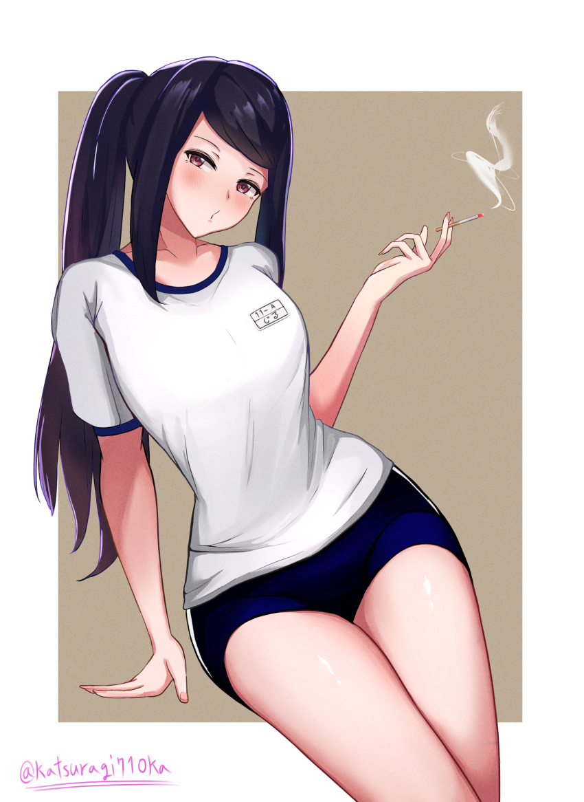 1girl, alternate_costume, arm_support, bangs, blush, breasts, brown_background, buruma, cigarette, collarbone, cowboy_shot, dark_blue_hair, gym_uniform, head_tilt, highres, jill_stingray, katsuragi_nantoka, leaning_on_object, leaning_to_the_side, looking_at_viewer, medium_breasts, nail_polish, name_tag, open_mouth, outside_border, pink_nails, ponytail, puckered_lips, red_eyes, shirt, short_sleeves, sidelocks, simple_background, smoke, smoking, solo, swept_bangs, t-shirt, thighs, thin_waist, twitter_username, va-11_hall-a, white_shirt, wide_hips