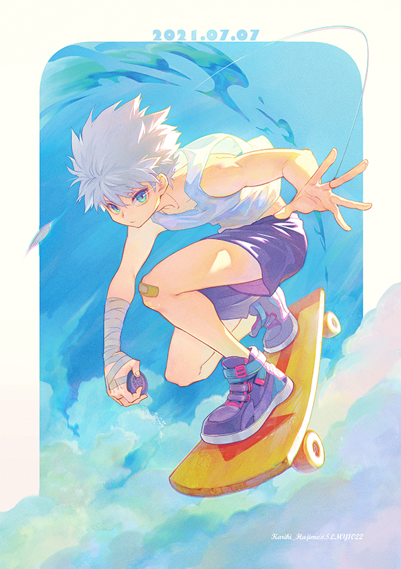 1boy, artist_name, bandaged_arm, bandages, bandaid, bandaid_on_knee, bangs, bare_shoulders