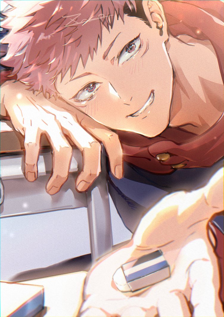 1boy, black_eyes, black_hair, black_jacket, desk, eraser, facial_mark, grin