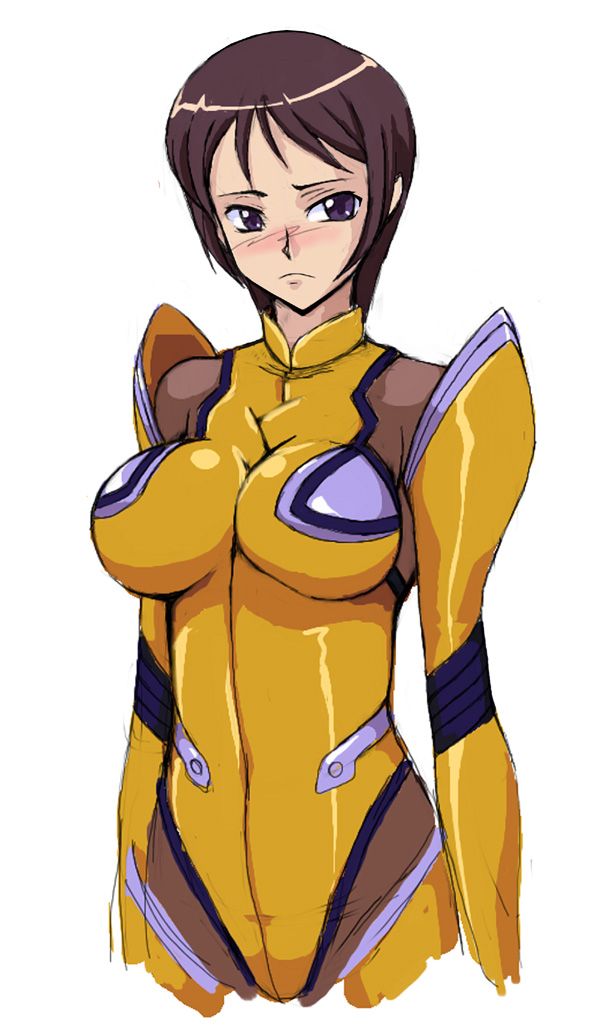 bodysuit, breasts, brown_hair, chiba_nagisa, code_geass, impossible_clothes, impossible_shirt, large_breasts, muimui, shirt, short_hair