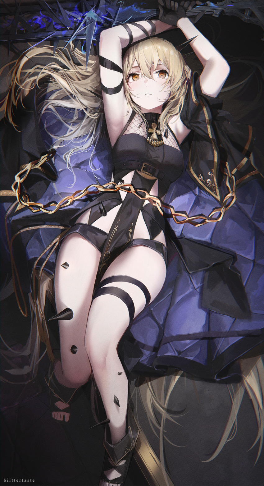 1girl, alchemy_stars, areia_(alchemy_stars), armpits, arms_up, artist_name, bangs, biittertaste