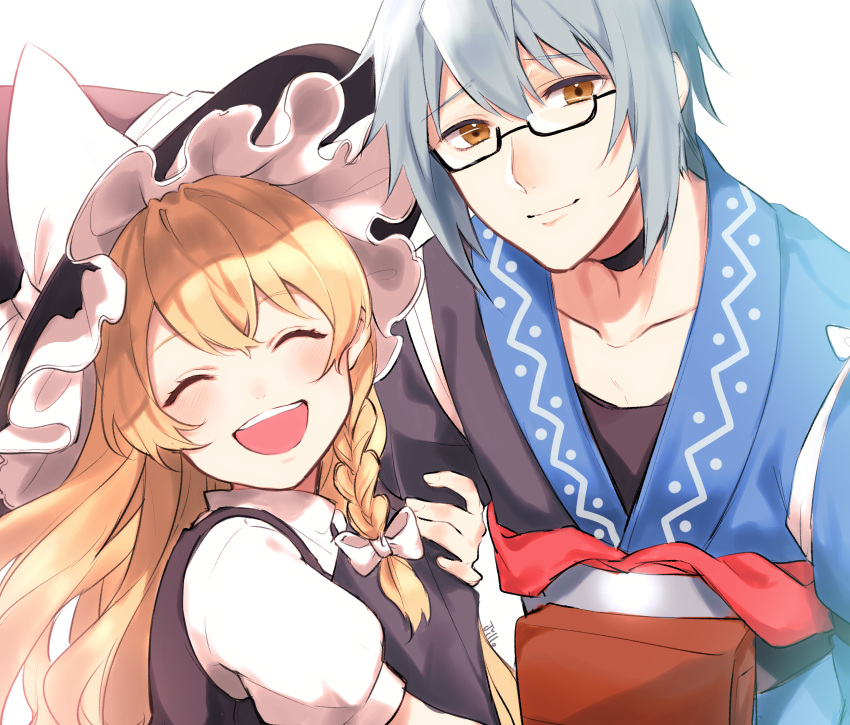 1boy, 1girl, absurdres, artist_name, bangs, belt, black_dress, black_headwear